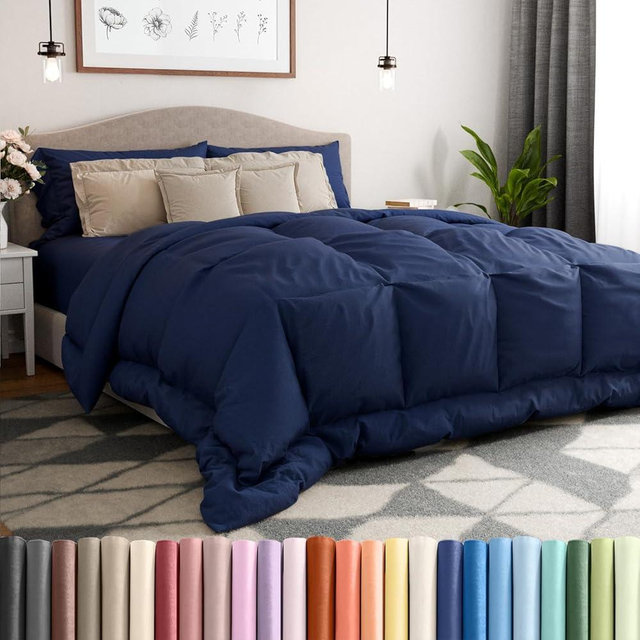 Queen Size, Navy Blue Alternative Down Comforter - Warm, Lightweight, Luxury, & Breathable Hotel Quality Bedding Set - All Season Fluffy and Cozy Oversized Cooling Microfiber Duvet Insert Comforter
