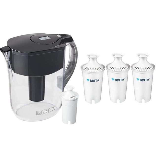 Brita Water Pitcher with 1 Filter, Large 10 Cup, Black & Standard Replacement Filters for Pitchers and Dispensers, 3 Count, White