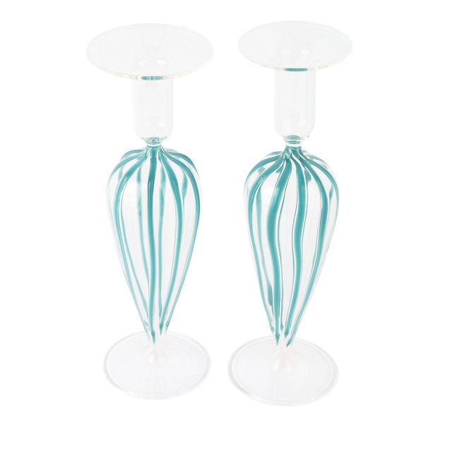 VIETRI Nuovo Stripe Blue Candlesticks, Set of 2
