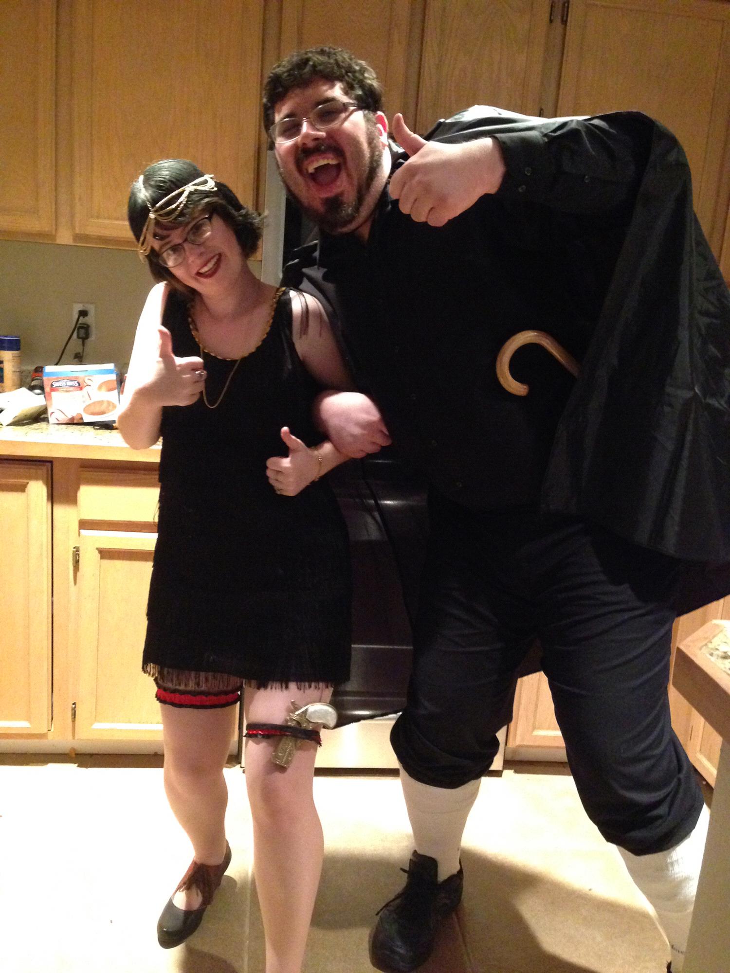 Our first Halloween together. Phryne Fisher and a 16th-century French nobleman, both looking uncanonically cheerful.