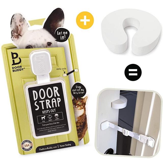 Door Buddy Door Latch Plus Door Stopper. Keep Dog Out of Litter Box and Prevent Door from Closing. This Cat Gate and Cat Door Alternative Installs in Seconds and is Easy for Cats and Adults to Use.