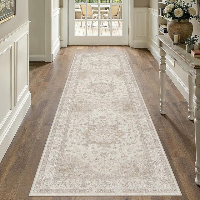 PureCozy Beige Runner Rug 2'6"x10' Washable Vintage Carpet Hallway Kitchen Soft Retro Low Pile Thin Indoor Bedroom Non Slip Oriental Medallion Long Throw Rug for Bathroom Laundry Dining Room
