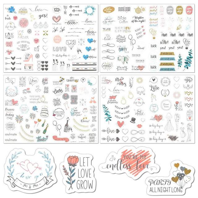 BOWINR Wedding Stickers for Scrapbooking, 4 Sheets 230 Illustrations Phrases Transparent Waterproof Stickers, Bridal Shower Engagement Marriage Anniversary for Wedding Planning Embellishments,Envelope