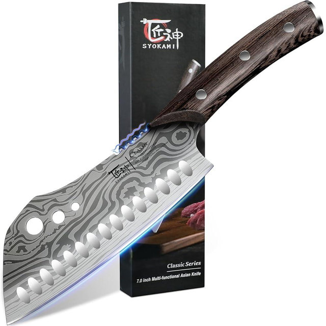 SYOKAMI🎁 Cleaver Chef Knife with Herb Stripper, 7" Asian Kitchen Knife 3-in-1 Combined with Chef's Knife, Santoku, Nakiri for Slicing, Chopping, Dicing, Mincing, Cooking & Mother's Day Gifts