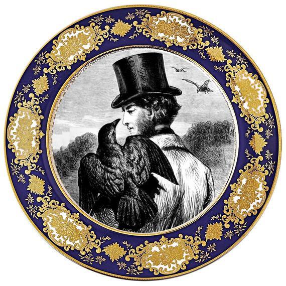 Stunning Raised Gold and Dark Blue Gothic "Man With Raven" Plate or Cup/Saucer Set (8 Ounces). Foodsafe & Extremely Durable