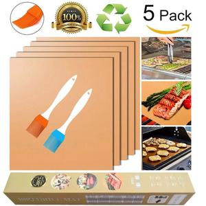 Copper Grill Mat and Bake Mat Set of 5 Non Stick BBQ Grill & Baking Mats - Reusable, Easy to Clean - PTFE Teflon Fiber Grill Roast Sheets for Gas, Charcoal, Electric Grill (Gold)