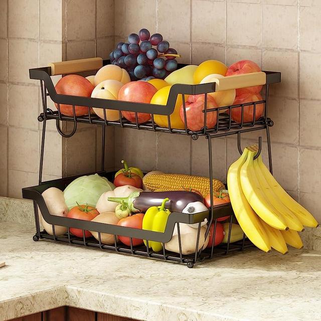 GILLAS 2 Tier Countertop Fruit Basket with 2 Banana Hangers for Kitchen, Detachable Metal Organizer for Bread Vegetable Fruits with Wooden Handle, Large Capacity Rectangular Storage Stand Bowls, Black