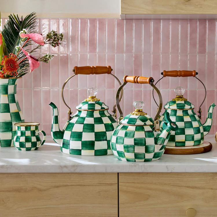 MacKenzie-Childs, Emerald Check Stainless Stee Tea Kettle | Zola