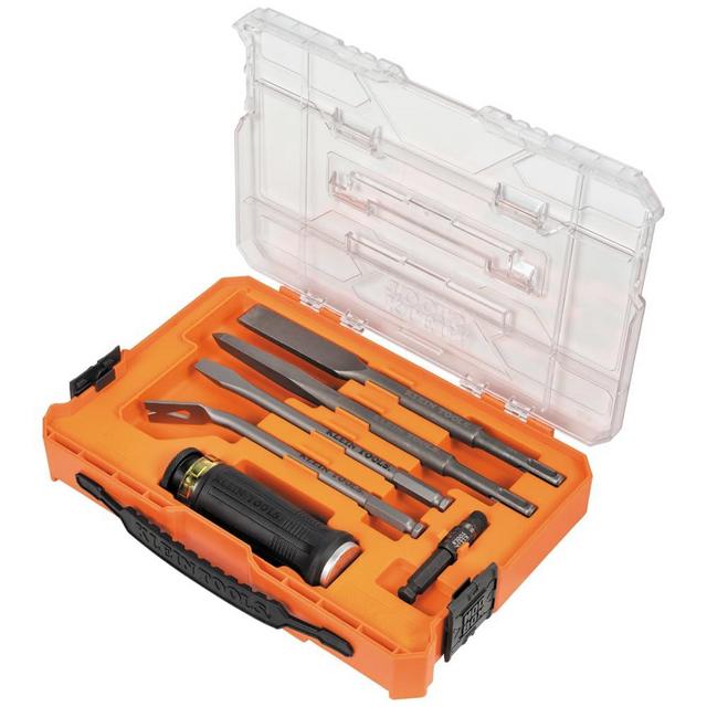 Klein Tools 32755SD SDS Demolition Driver Set with Case, Screwdriver Handle, Nail Puller, Pry Bar, SDS-Plus Chisels, for Prying, Demolition, and Screwdriving, 7-Piece