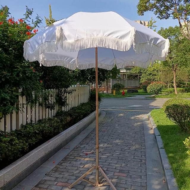 LIUU 6.5Ft Patio Umbrella with White Tassels-Beach Umbrella 8 Ribs-Umbrella Outdoor Patio for Picnic/Camping/Wedding Shooting-Tiltable-Thick Polyester Fabric