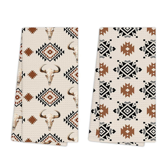EGBTL Boho Southwestern Kitchen Towels, Rustic Farmhouse Western Aztec Bull Skull Pattern Hand Towels for Bathroom Decor, Country Western Dishcloths Dish Towel for Kitchen 16x24 Inches Set of 2