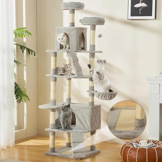 Mdeam Cat Tree 5-Level 81 Inch Large Cat Tower with Caves, Scratching Board, Ladder, Sisal Posts, Basket, Plush Perches (Light Gray)