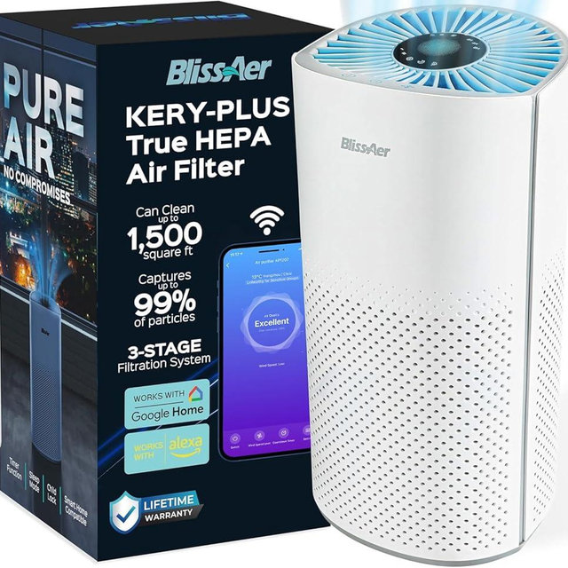 BlissAer Air Purifiers for Home Bedroom Large Room Up to 1500 Ft² - Smart WiFi & Voice Control True HEPA Air Purifier For Home Smoke, Dust, Pet Dander, Pollen, Sleep Mode Air Quality Light - Kery Plus