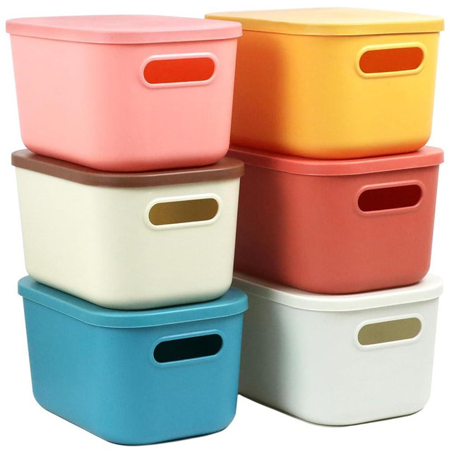 6Pcs Small Storage Bins with Lids, Stackable Plastic Organizer Bin Storage Containers for Organizing, Shelf Baskets for Pantry Cabinet Shelves Desktop Freezer Drawer Organization (6 Color, Small)