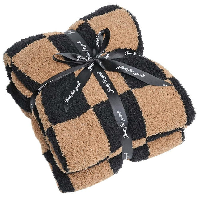 Soft Checkered Throw Blanket, Ultra Cozy Knit Throw Blanket Fluffy Fuzzy Reversible Checkerboard Blanket for Travel Couch Sofa Bed Decor, 51x63 inches, Black Brown