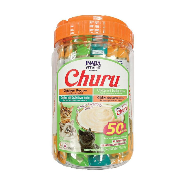 INABA Churu Cat Treats, Grain-Free, Lickable, Squeezable Creamy Purée Cat Treat/Topper with Vitamin E & Taurine, Each 0.5 Ounce (Pack of 50), 50 Tubes, Chicken & Seafood Variety