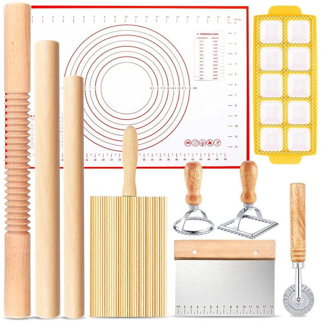 Pasta Making Tools, 10 Piece Wood Pasta Making Kit with 3 Rolling Pins, 1 Gnocchi Board, 1 Dough Cutter, 1 Ravioli Cutter, 1 Ravioli Maker, 2 Pasta Stamps, 1 Baking Mat, Ravioli Pasta Set for Kitchen