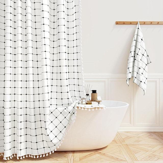 BTTN Extra Long Shower Curtain - 72x84 Inch Long Boho Chic Tassel Linen Fabric Shower Curtain Set with Hooks, Modern Farmhouse Elegant Heavy Duty Cloth Shower Curtains for Bathroom - White and Black