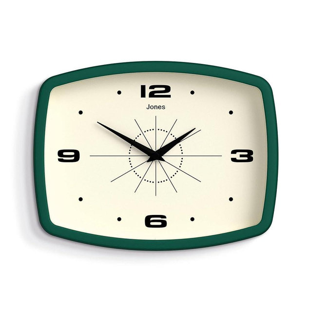 JONES CLOCKS® Movie Wall Clock | Rectangular Retro Clock | 10 inch | Dark Green | Cool mid-Century Designer Look for Kitchen, Living Room or Office