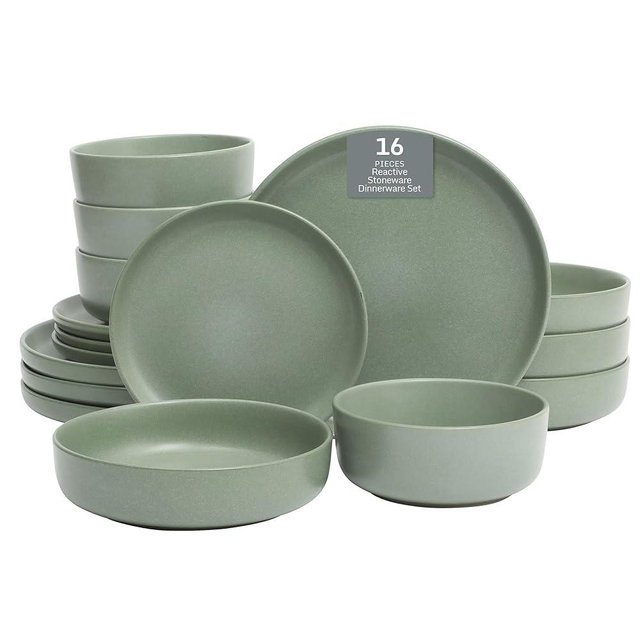 Gibson Elite Pasco 16 Piece (Service for 4) Plates and Bowls Double Bowl Reactive Glaze Dishes Stoneware Ceramic Dinnerware Set - Green