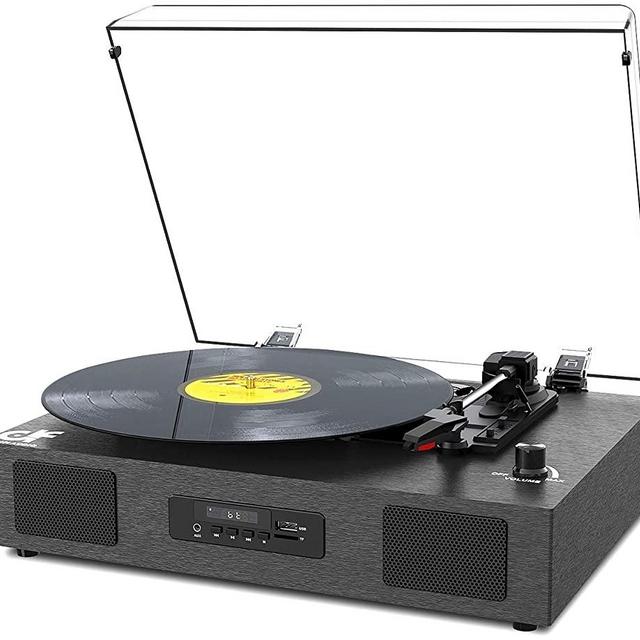 DANFI AUDIO DF Record Player with Speakers Bluetooth Turntable for Vinyl Records Vintage w/ FM Radio, Albums to Digital Recording, USB/TF Port, RCA Output & Aux-in, Dust Cover, Brushed Texture