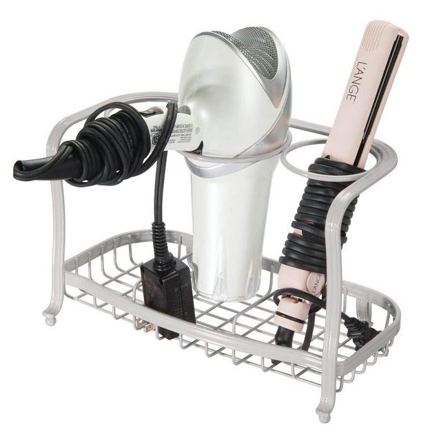 mDesign Metal Hair Care & Styling Tool Organizer Holder - 3 Sections - Bathroom Vanity Countertop Storage for Hair Dryer, Flat Irons, Curling Wands, Hair Straighteners - Light Gray