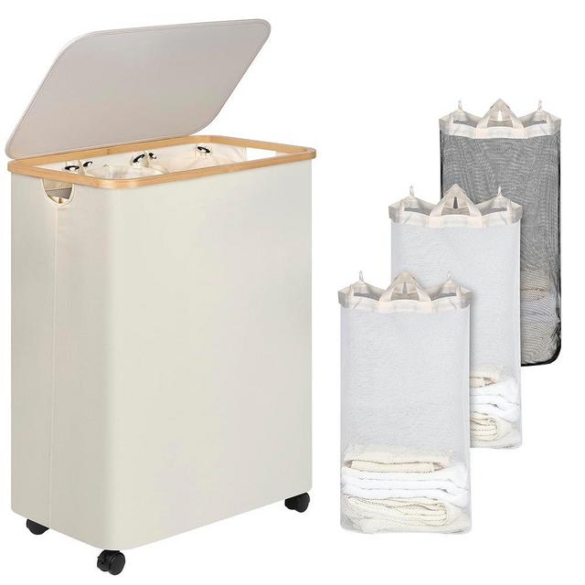 iEGrow Lagre Laundry Hamper with Wheels, Laundry Basket with Lid, 160L Clothes Hamper for Laundry with 3 Liner Bags, for Laundry Room, Bedroom, Dormitory Organization,Beige