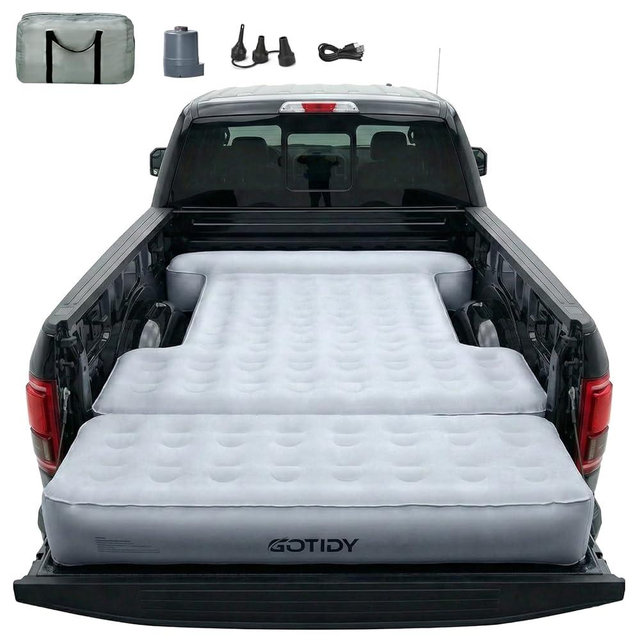 F150 Truck Bed Mattress 5.5-5.8ft for Full-Size Pickup, Fabric Texture Truck Bed Air Mattress with Tailgate Extender, Customized for F150/Silverado/Ram1500, with Detachable Air Pump, Truck Bed Camping