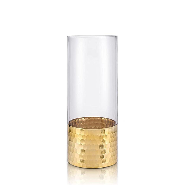 Clear Cylinder Glass Vase with Gold Honeycomb Metalic Base | Tall Vases for Flowers, Home Décor, Wedding Table Centerpieces, Gift