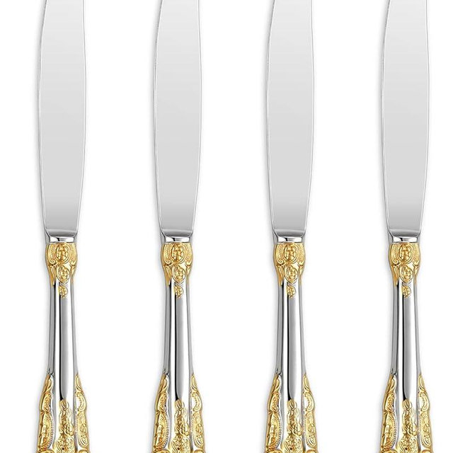 KEAWELL Gorgeous Dinner Knife, Set of 4, 18/10 Stainless Steel, Mirror Polished, Luxury Dinner Knife Set. (Gold Accent)