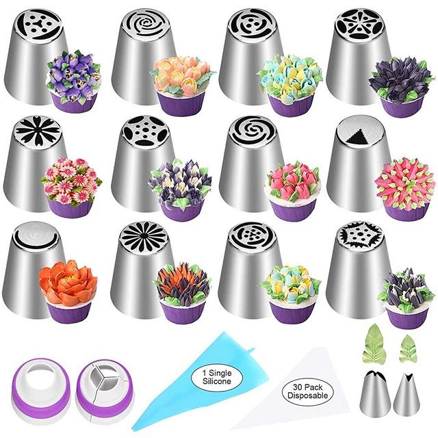 YLYL 47 Pcs Russian Piping Tips Set, 12 Flower Frosting Tips Nozzles Icing Tips for Cake Decorating Tips Kit, Baking Supplies for Cookie Cupcake, 2 Leaf Piping Tips 2 Couplers 30 Pastry Baking Bags