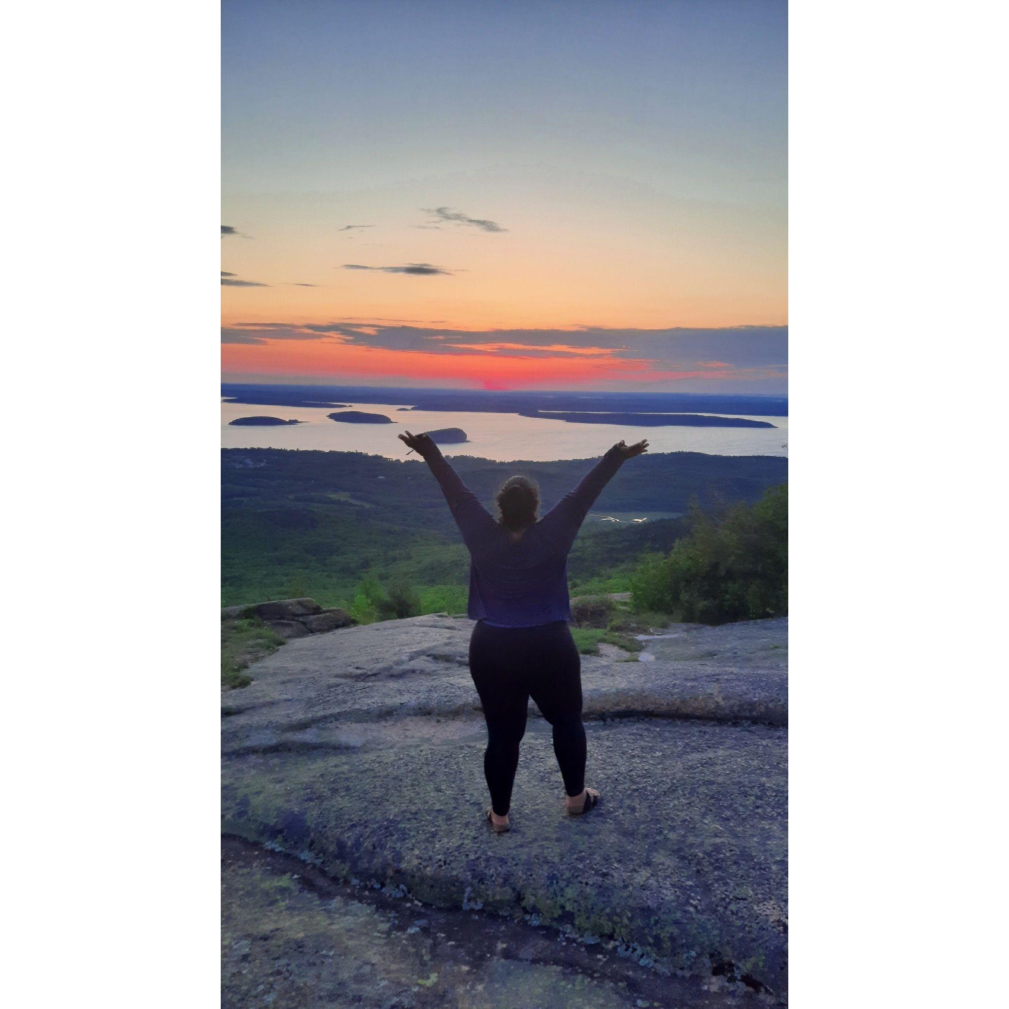 I had gotten tickets for Cadillac Mountain sunrise viewing, and we raced up the mountain to see the sun! Karina surprised me and asked if we could stay at a quiet lower spot (the top was packed).