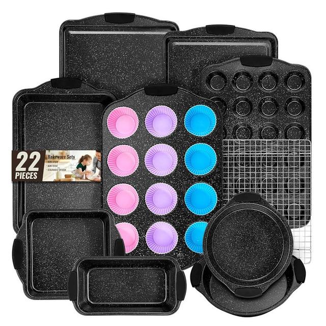Baking Pans Set Nonstick, Stackable Bakeware Sets with Silicone Handles, AIVIKI 22 Pieces Oven Pan for Cooking Including Baking Cookie Sheet with Rack, Roast Pan, Cake Pan, Loaf Pan, Muffin Pan, Black