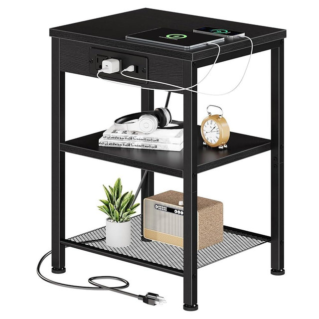 DUMOS 15.7" Small Side Table with Charging Station, End Table with Outlets & USB Ports, 3-Tier Adjustable Storage Nightstand for Living Room, Bedroom, Small Spaces, Record Player Stand, Black