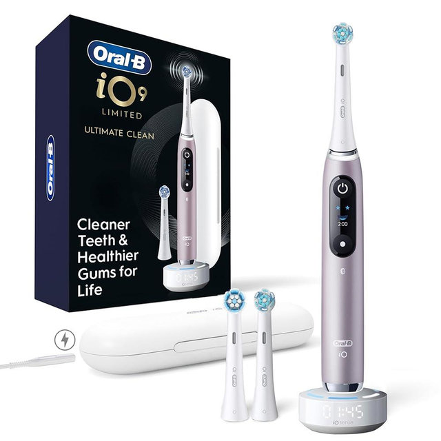 Oral-B Rechargeable Electric Toothbrush, iO9 Limited Ultimate Clean, 7 Cleaning Modes, Interactive Display, iSense Charger, Charging Travel Case, Visible Pressure Sensor, 3 Brush Heads, Rose Quartz