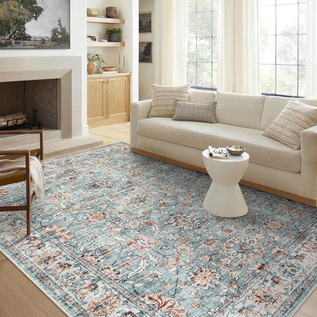 Wonnitar Washable Rugs 8x10 Rugs for Living Room, Blue Boho 8 x 10 Area Rugs for Bedroom, Large Non-Slip Soft Floral Carpet Non-Shedding Ultra-Thin Throw Rug (8x10 ft,Blue/Rust)