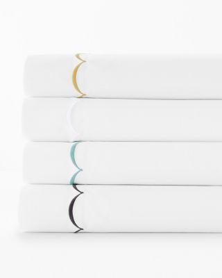 Garnet Hill Signature Scallop Embroidered Percale Flat Sheet- Queen, Fountain Blue