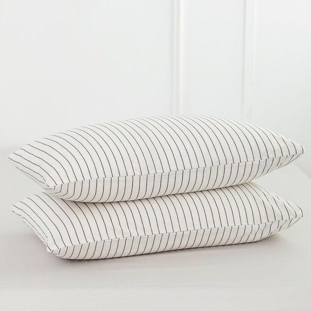 MooMee Bedding Pillowcases Striped Pack of 2 100% Washed Cotton Linen Like Textured Breathable Durable Soft Comfy (White Dark Grey Wide Stripes, King)