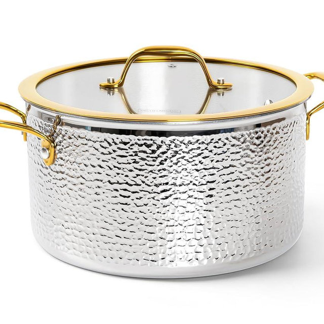 Michelangelo Triply Stainless Steel Stock Pot with Lid, Luxury Hammered Stainless Steel 6 Quart Pot with Lid & Golden Handle, Premium Induction Stockpot - 6QT
