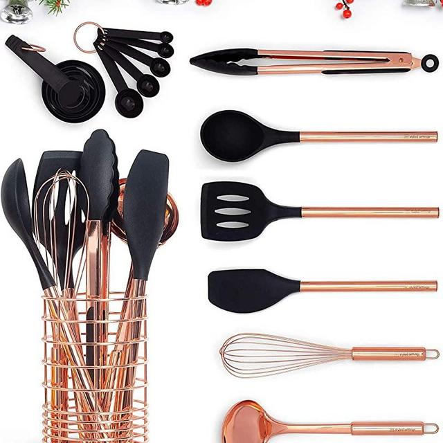 Black Silicone & Copper Kitchen Utensils with Copper Utensil Holder - 17PC Set: Black and Copper Measuring Cups and Spoons Set, Rose Gold Kitchen Utensil Set -Black and Copper Kitchen Accessories