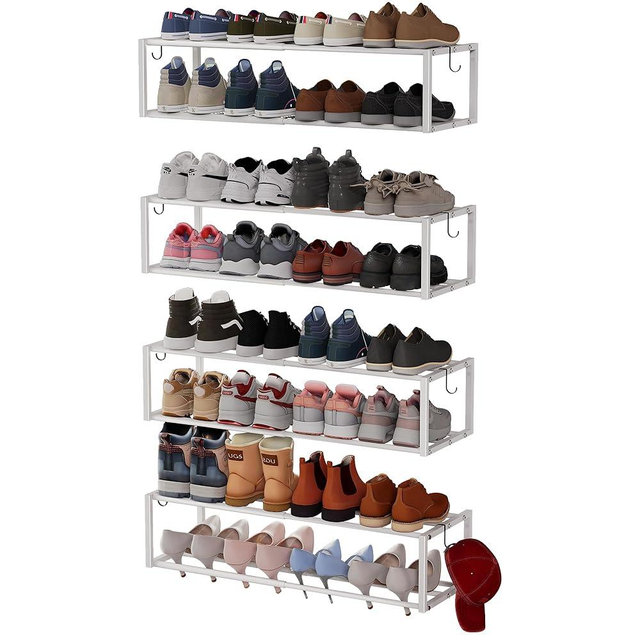 4 Pack Expandable Wall Mounted Shoe Rack, 17"-30"Adjustable Hanging Shoe Rack Holds 24 Pairs, Heavy Duty Metal Shoe Racks Holder with 8 Storage Hooks, Space Saving for Entryway Closet Doorway（White)
