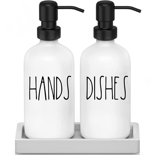 White Glass Kitchen Soap Dispenser Set with Tray by Brighter Barns - Hand and Dish Soap Dispenser for Kitchen Sink - Farmhouse Soap Dispenser Set - Modern Farmhouse Kitchen Decor & Home Decor (White)