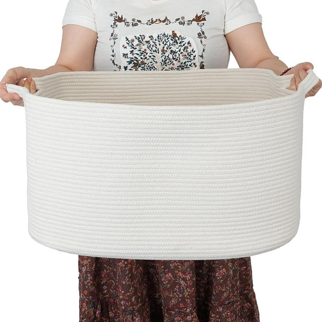 XUANGUO Large Rectangle Blankets Basket Living Room 22"x17"x12" Woven Cotton Rope Storage Baskets for Nursery Toy Baskets for Kids and Dogs Wicker Laundry Basket Bin for Clothes Towels white