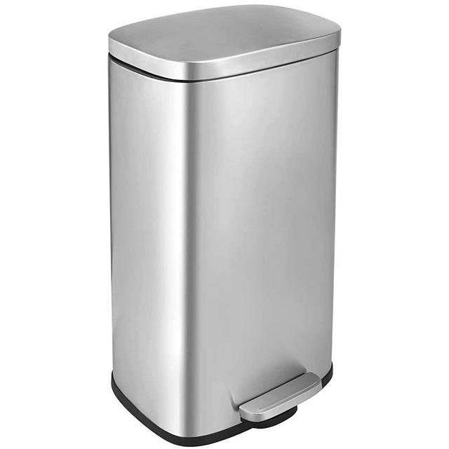 Arlopu 8 Gallon Trash Can, 30L Stainless Steel Kitchen Garbage Can with lid, Recycle Rubbish Bin w/Plastic Inner Bucket & Metal Pedal, Slim Garbage Bin for Office, Home (Silver)
