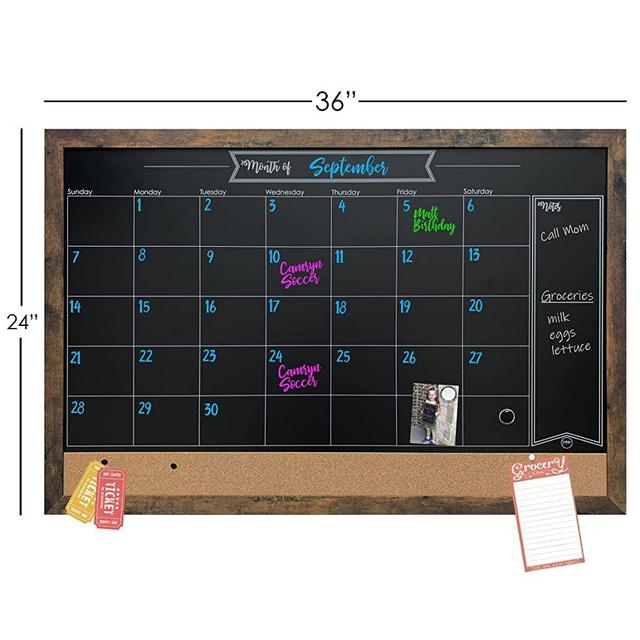 Loddie Doddie Rustic Framed Magnetic Chalkboard Calendar and Bulletin Combo Board. Blackboard - Calendar - Cork Board. OrganizeYour Space