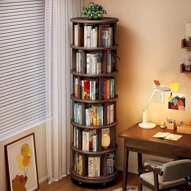 MKSDJIW 6 Tier Rotating Bookshelf, Wood Spinning Bookshelf Tower, 360° Spinning Book Shelf Tower for Kids, Narrow Rolling Bookshelves for Small Space, Corner, Bedroom, Office