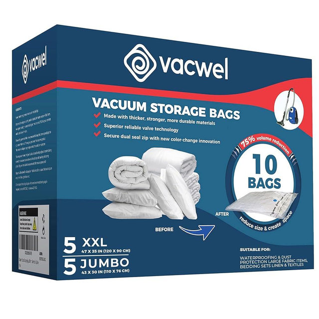 10-Pack Variety - Vacuum Storage Bags for Bedding Storage and to Store Winter Clothes - Vacuum Sealer Bags for Blankets, Pillows & Duvets - 5x XXL (47x35in) + 5x Jumbo (43x30in)