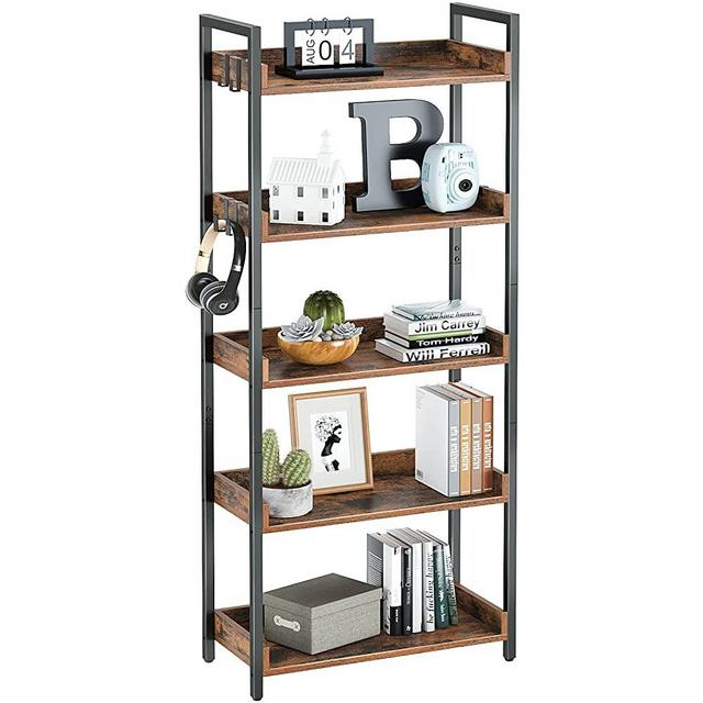 Rolanstar 5 Tier Bookshelf, Industrial Wood Bookcase with 4 Hooks, Vintage Storage Rack with Open Shelves, Rustic Standing Bookshelves Metal Frame Display Rack for Living Room,Bedroom, Rustic Brown