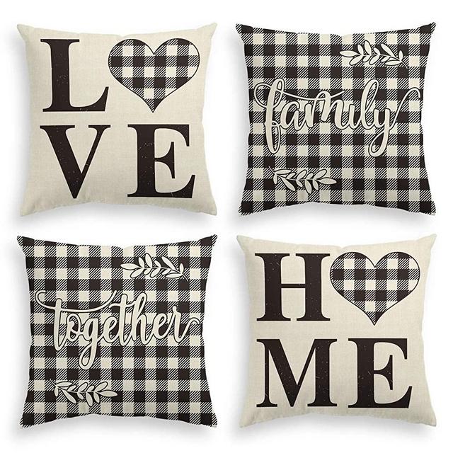 AVOIN Family Saying Buffalo Plaid Throw Pillow Cover, 18 x 18 Inch Holiday Love Home Easter Day Fall Cushion Case for Sofa Couch Set of 4
