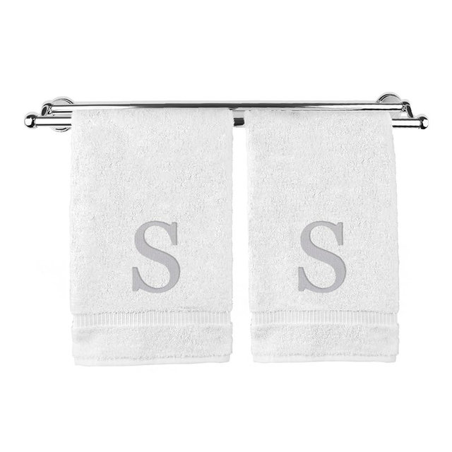 Monogrammed Hand Towel, Personalized Gift, Set of 2- Silver Block Letter Embroidered Towel - Extra Absorbent 100% Turkish Cotton - Soft Terry Finish - Initial S White